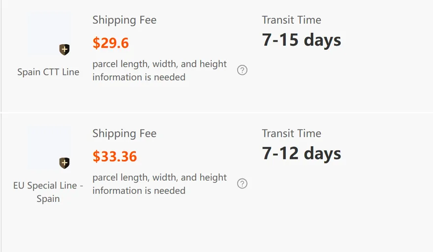Filas del estimador para Spain CTT Line y EU Special Line - Spain con precio, plazo y características