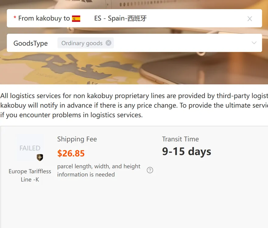 Detalle del formulario del estimador de Kakobuy con España como destino