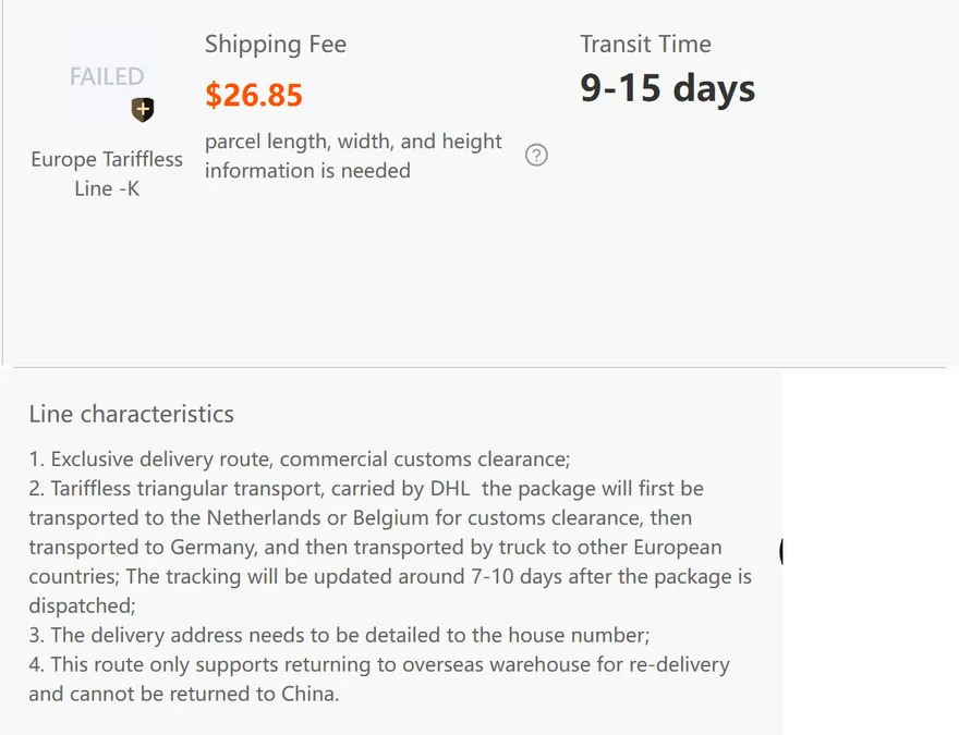 Fila del estimador de la Europe Tariffless Line -K con la ruta por Países Bajos o Bélgica y Alemania