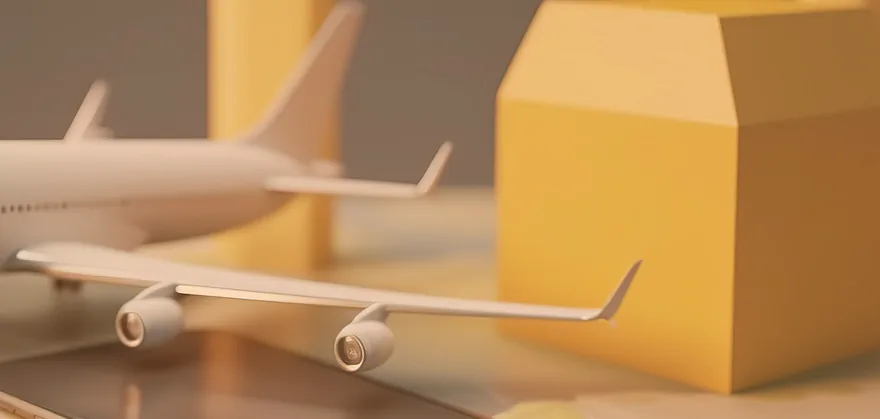 Ilustración oficial de Kakobuy con un avión, cajas de cartón y un mapa del mundo