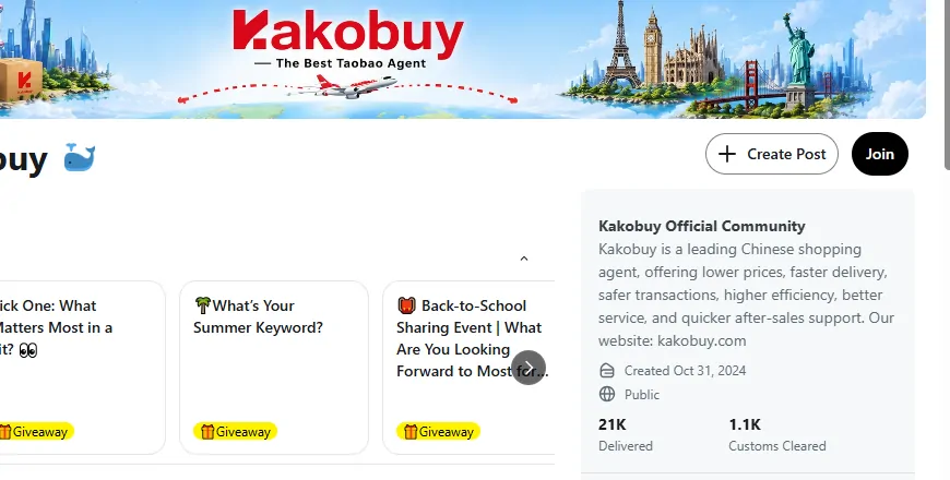 Cabecera de la comunidad r/kakobuy en Reddit con la descripción Kakobuy Official Community