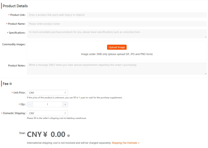 Formulario Fill and Buy de Kakobuy para enlaces de plataformas que no se rastrean automáticamente