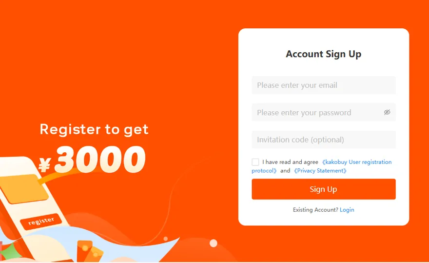 Formulario de registro de Kakobuy con campo opcional de código de invitación