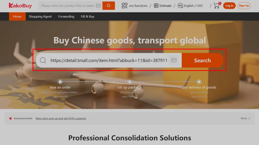 Página de inicio de Kakobuy con un enlace de Tmall pegado en el buscador